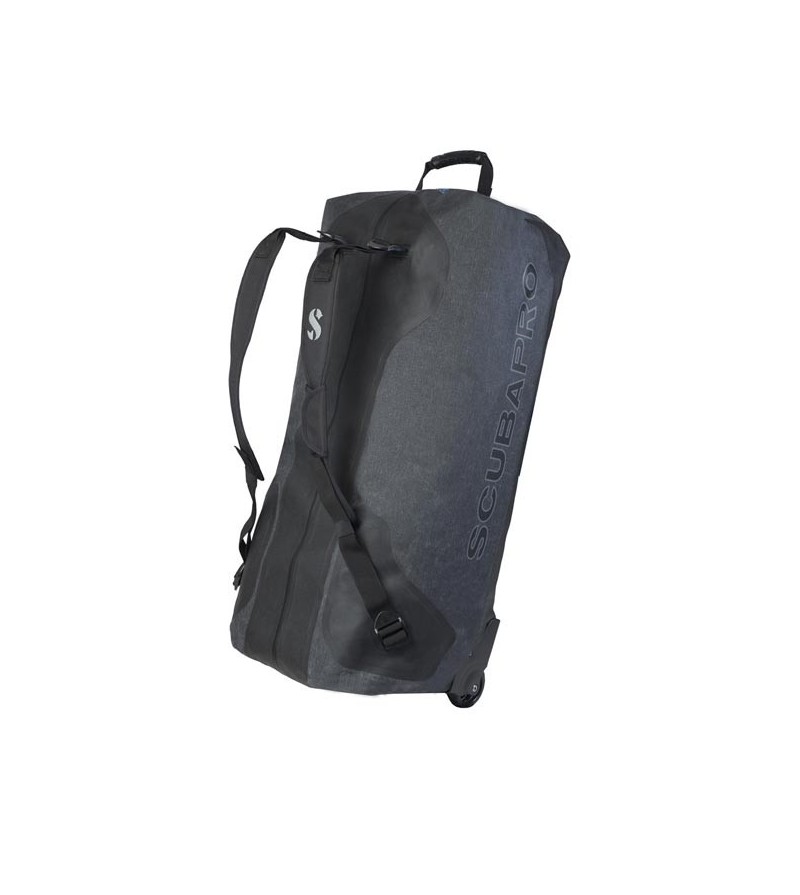 Grand sac étanche à roulettes Scubapro Dry Bag de 120 litres en nylon noir 500D recouvert de TPU, utilisable comme sac à dos