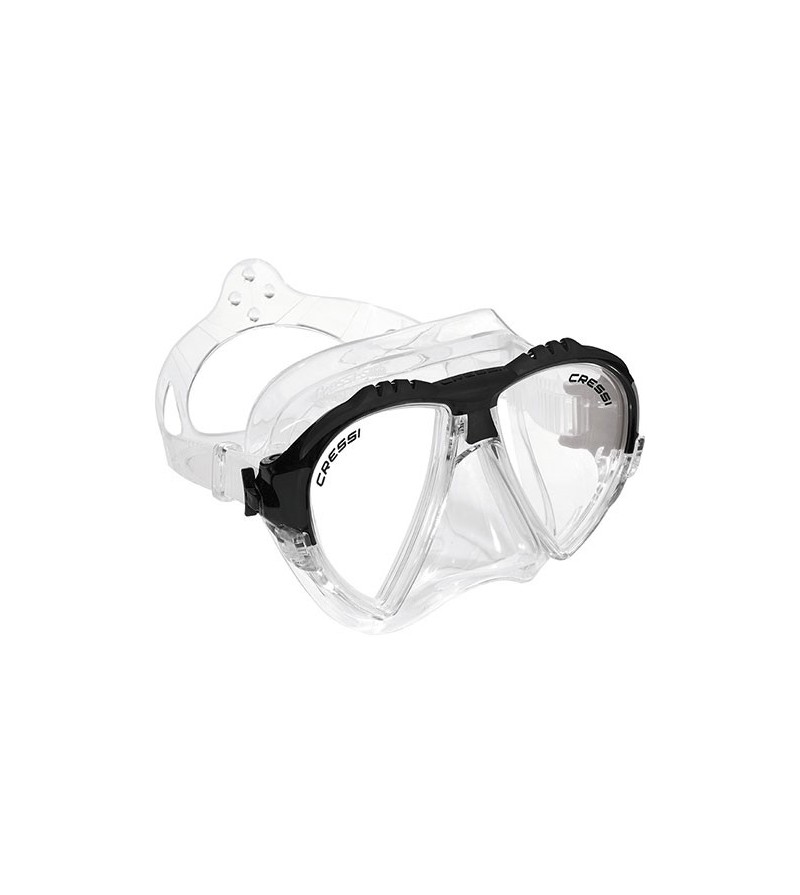 Masque Cressi Matrix en silicone transparent pour la plongée, l'apnée & le snorkeling. En bleu, jaune, noir & aigue-marine