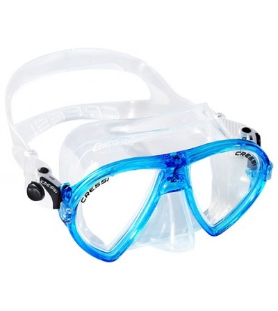 Masque à deux verres inclinés Cressi Ocean en silicone transparent pour la plongée, l'apnée & le snorkeling. Bleu aigue-marine
