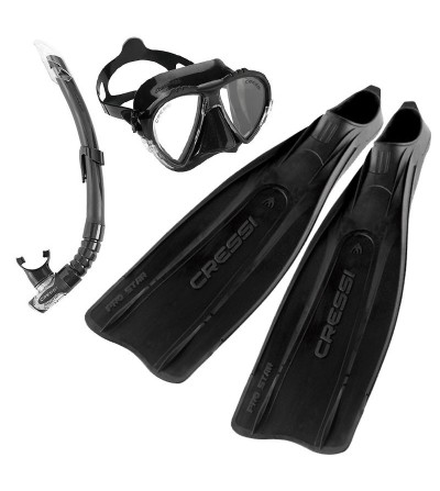 Pack Cressi noir avec paire de plames Pro star, masque Matrix, tuba gamma pour plongée, snorkeling, apnée et chasse sous-marine