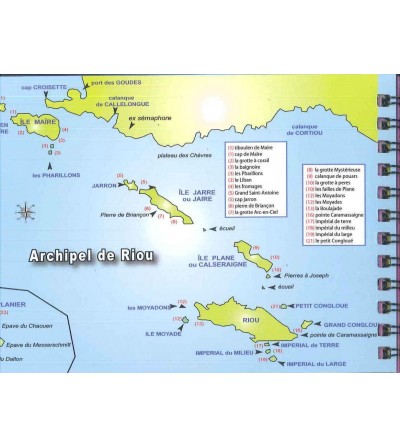Carnet relié détaillant une vingtaine de sites de plongée autour de Marseille avec coordonnées GPS, profondeur, répères