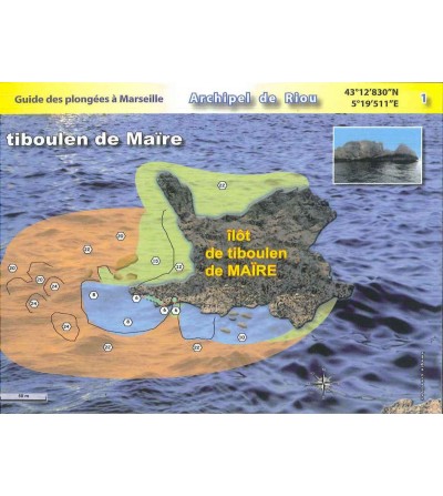Carnet relié détaillant une vingtaine de sites de plongée autour de Marseille avec coordonnées GPS, profondeur, répères