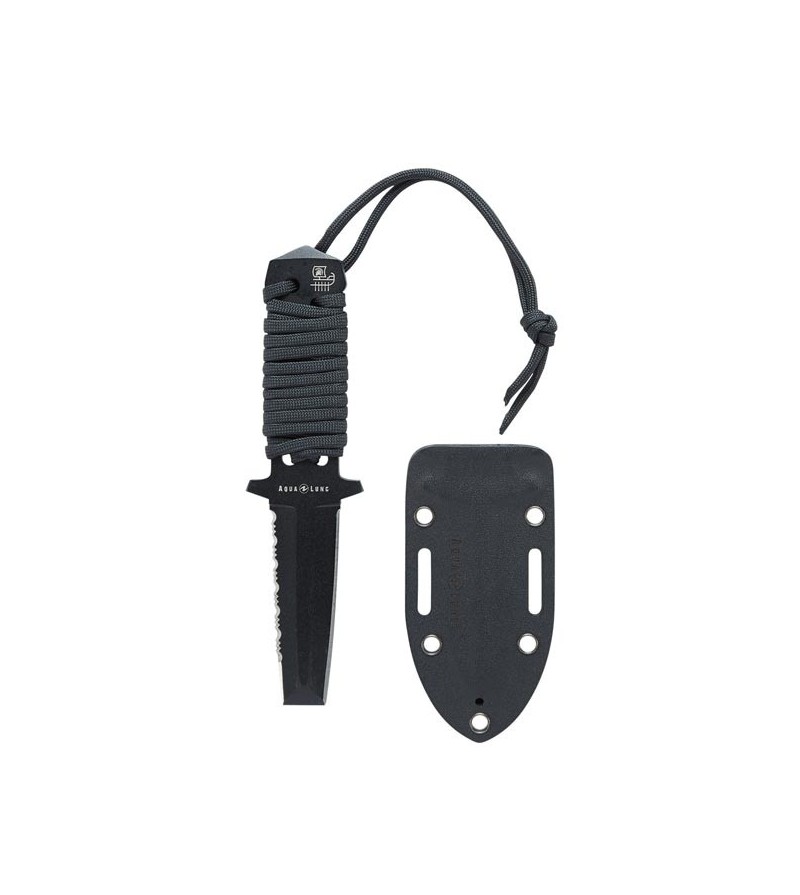 Couteau de plongée Aqualung Argonaute avec lame biseautée en acier inox 420 revêtu noir et manche recouvert de corde